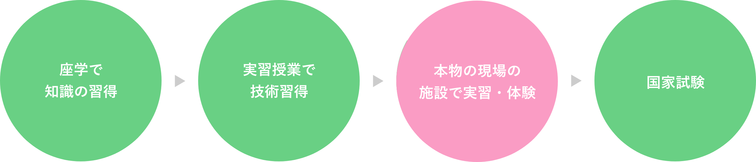 座学で知識の習得 → 実習授業で技術取得 → 本物の現場の施設で実習・体験 → 国家試験