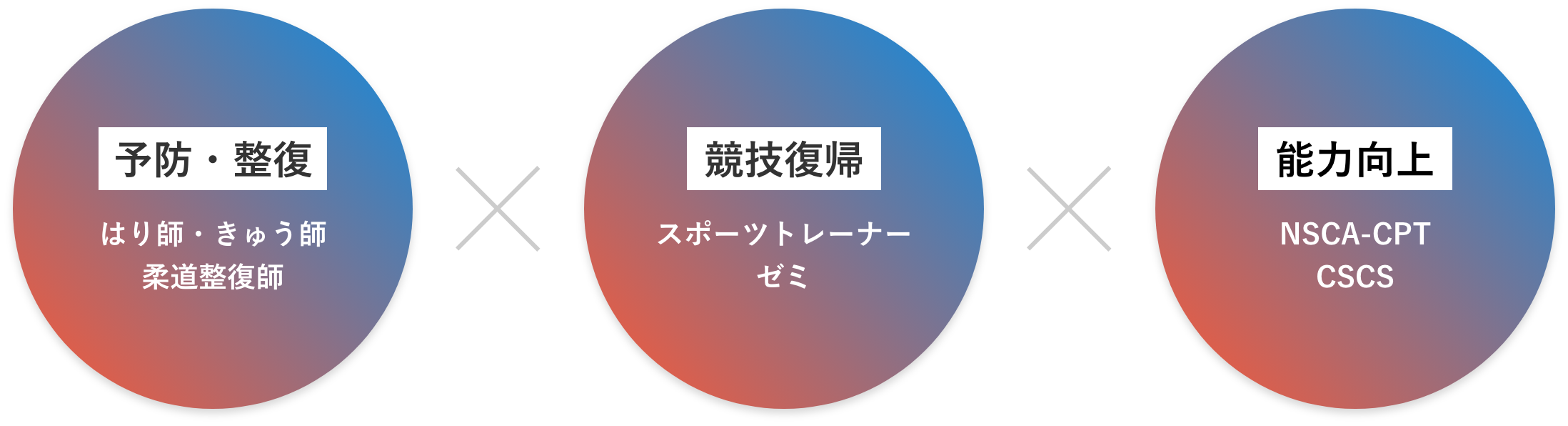 「予防・整復」はり師・きゅう師・柔道整復師／「競技復帰」スポーツトレーナーゼミ／「能力向上」NSCA-CPT・CSCS